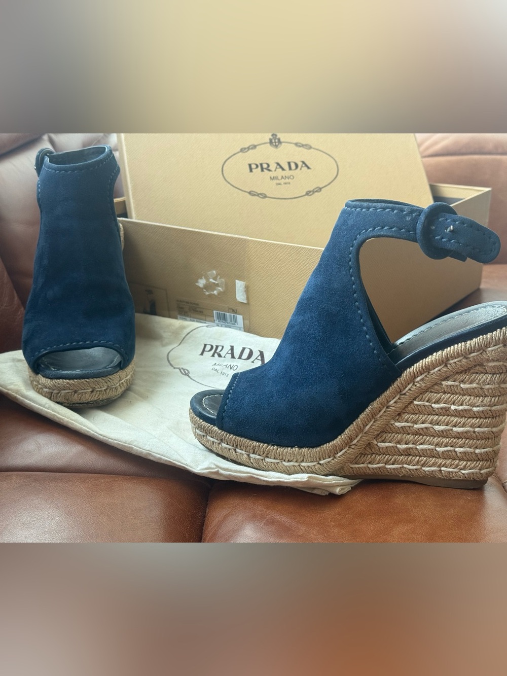 Prada Navy Suede Open-Toe Wedge Espadrilles